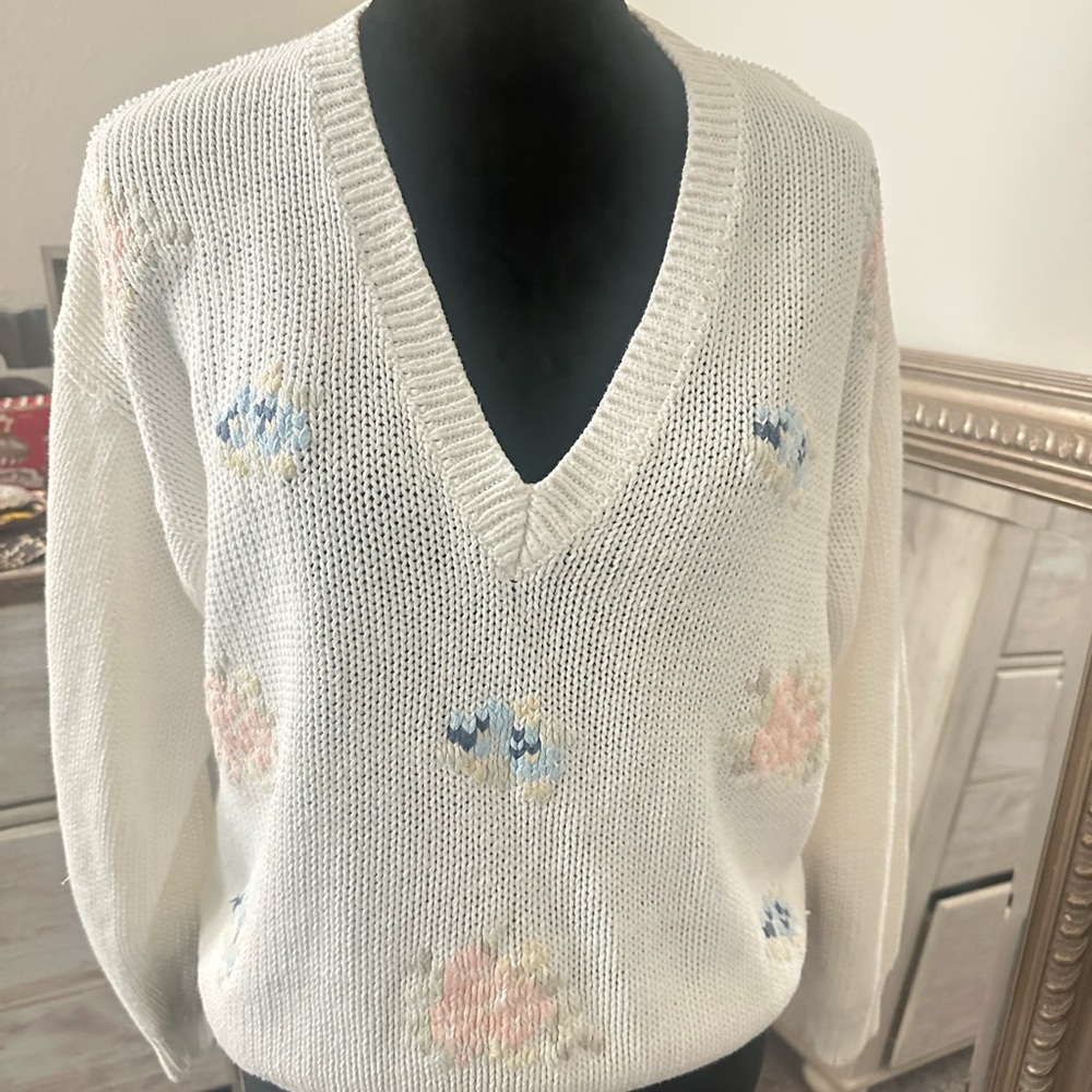 Vintage Gitano White Floral Knit V neck Sweater size S